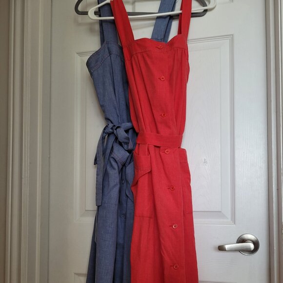 Two Vintage Dresses: Red and Blue Cotton Belted Smock Dresses - Picture 1 of 14